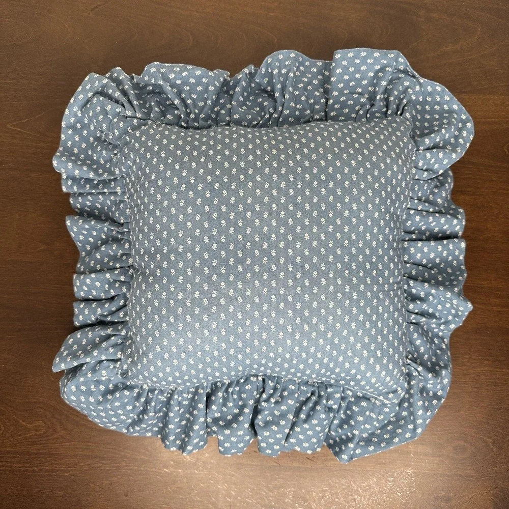 Vintage Quilt Cat Throw Pillow Blue Ruffle Grannycore Embroidered Handmade Kitty